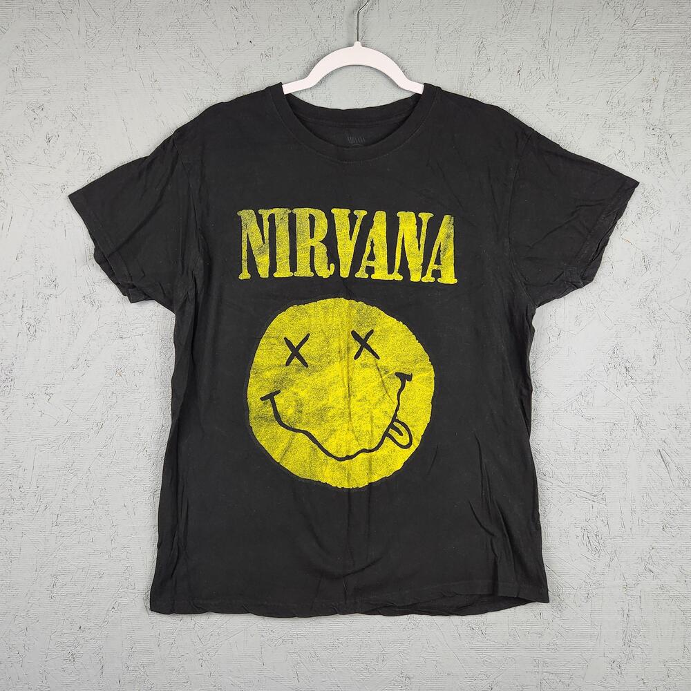 Nirvana Shirt Mens Large Black Yellow Smiley Face Graphic Logo Tee Rock Band